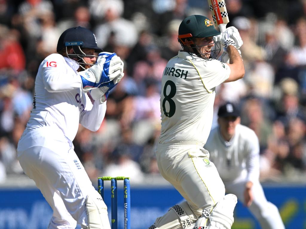 Mitchell Marsh hits out at Old Trafford, during a great foray with the bat mid-Ashes series. Picture: Stu Forster/Getty Images