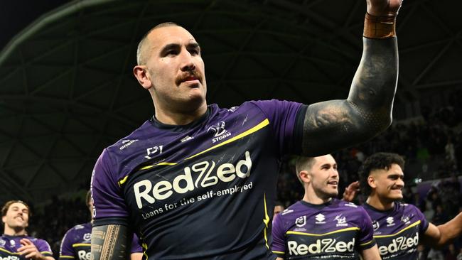 MELBOURNE, AUSTRALIA - SEPTEMBER 27: Nelson Asofa-Solomona of the Storm celebrates victory following during the NRL Preliminary Final match between the Melbourne Storm and Sydney Roosters at AAMI Park on September 27, 2024 in Melbourne, Australia. (Photo by Quinn Rooney/Getty Images)