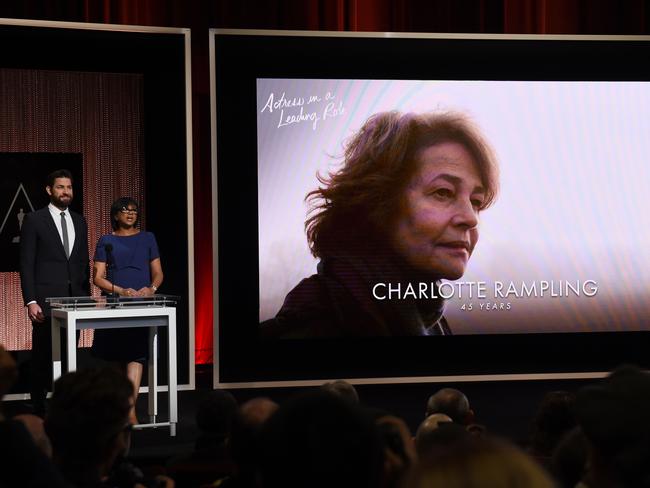 Charlotte Rampling’s Oscar nomination for the film <i>45 Years</i> is announced by John Krasinski and Academy president Cheryl Boone Isaacs. Picture: AFP/Mark Ralston