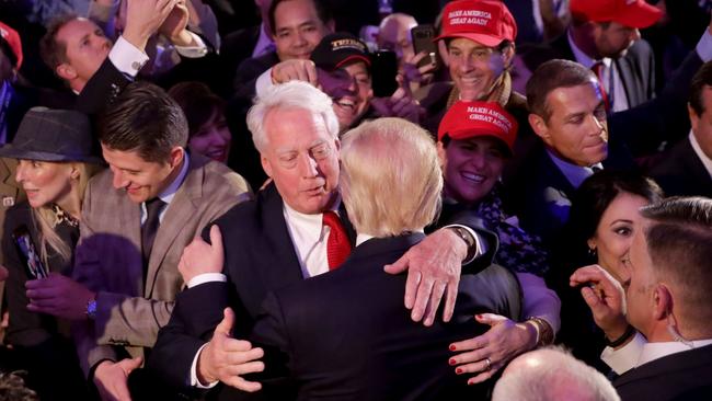 Donald Trump hugs his brother Robert Trump after delivering his acceptance speech in New York City in 2016.