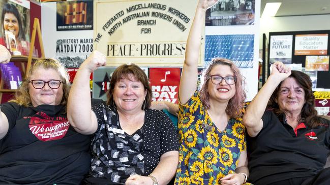 Unions NT secretaries Erina Early, Cath Hatcher, Michelle Ayres and Kay Densley celebrate the end of the wage freeze in August. Picture: Floss Adams.