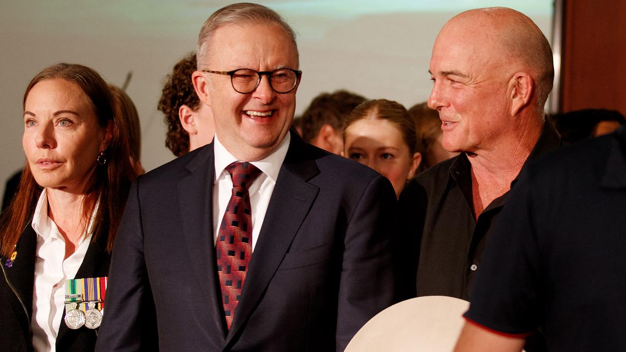 Prime Minister Anthony Albanese with Blundell at the launch of his new Anzac Day song. Picture: NCA NewsWire / Nikki Short