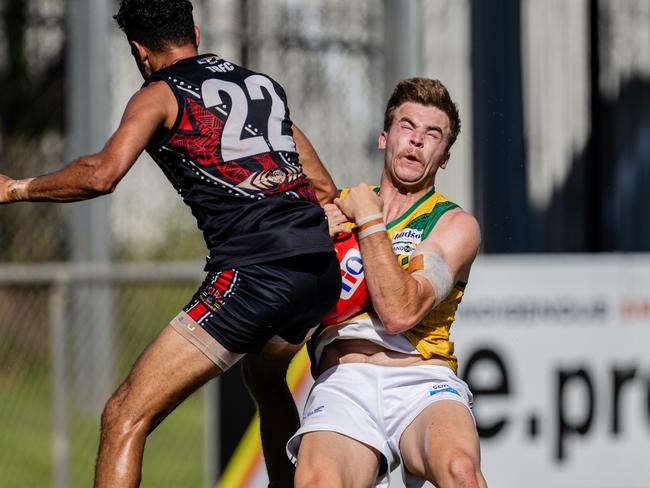 Marlion Pickett has been hit with a ban after a high shot on Kaelan Bradtke in the 2024-25 NTFL semi-final. Picture: Pema Tamang Pakhrin