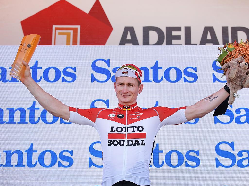 Andre Greipel of Germany and Lotto Soudal celebrates on the podium. Picture: Daniel Kalisz/Getty Images)