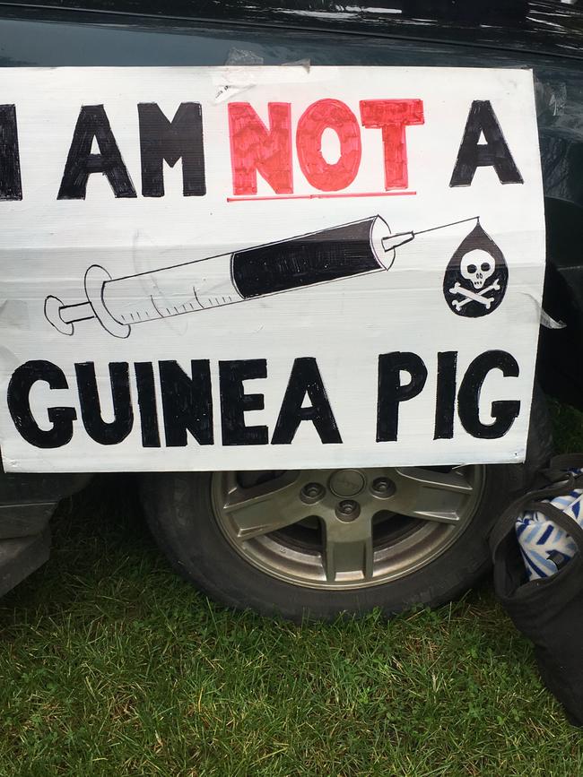 A sign at the anti-vaccination rally on Parliament Lawns.