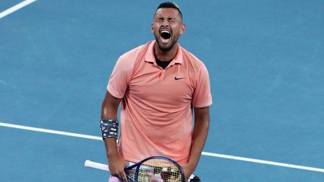 Nick Kyrgios roars during his stunning win over Russian Karen Khachanov.