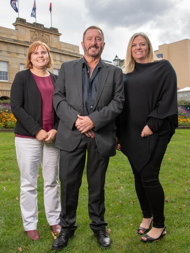 Member for Braddon Miriam Beswick, Member for Lyons Andrew Jenner, and Member for Bass, Rebekah Pentland in April. Picture: Linda Higginson