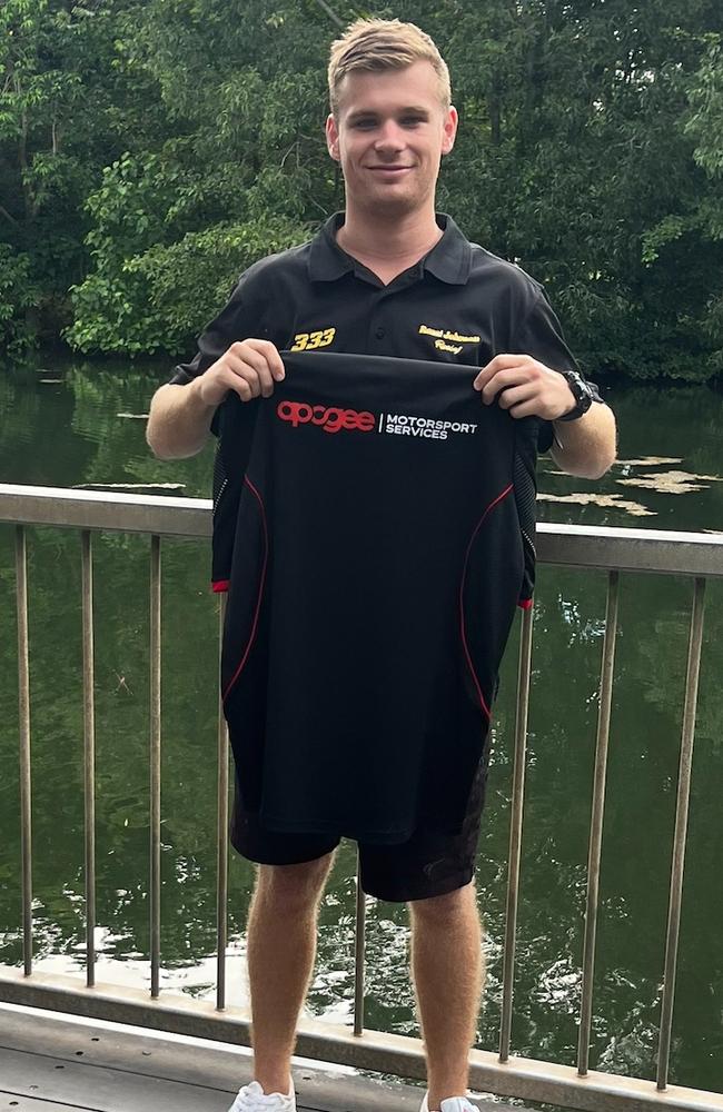 A proud Rossi Johnson holding up his new team polo after receiving a full-time seat in the 2024 V8 SuperUte Series. Picture: Contributed.