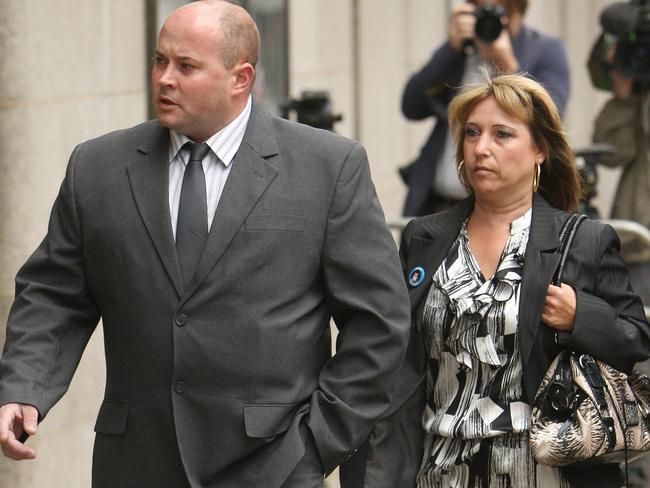Denise Fergus mother of British murder victim James Bulger with her husband Stuart during the trial for Jon Venables years ago. Picture: Dominic Lipinski/PA Wire