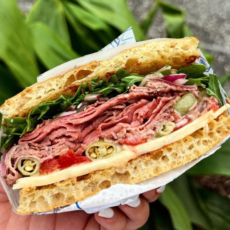 Rare roast beef sandwich at Ham on Rye Deli, Paddington