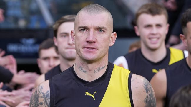 MELBOURNE, AUSTRALIA - JUNE 30: Dustin Martin of the Tigers runs out with the team during the round 16 AFL match between Richmond Tigers and Carlton Blues at Melbourne Cricket Ground, on June 30, 2024, in Melbourne, Australia. (Photo by Daniel Pockett/Getty Images)