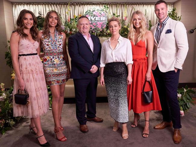 Asher Keddie (third from right, next to CEO John King) with Myer Ambassadors Rachael Finch, Sarsha Chisholm, Elyse Knowles and Kris Smith. The actor took part in a Spring Fashion Preview for the store but will not appear at the races herself. Picture Stefan Postles