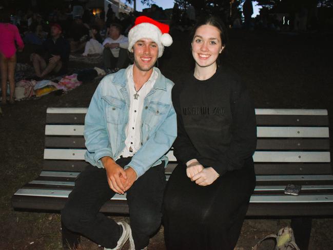 Max Brown and Brnn Hamley getting festive at the Phillip Island Christmas Carols by the Bay at the Cowes Foreshore on Tuesday, December 10, 2024. Picture: Jack Colantuono