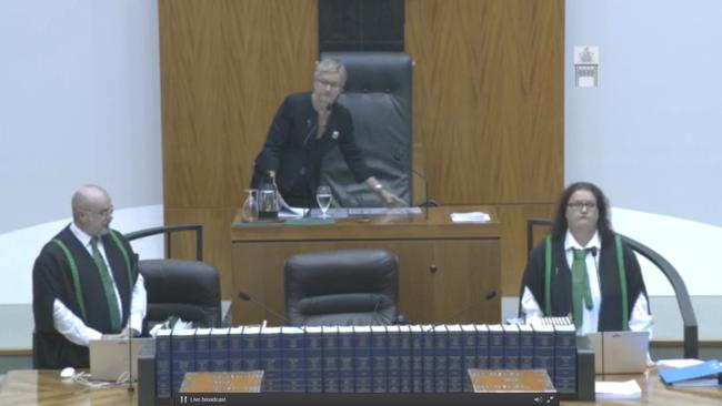 Kezia Purick leaves the Speaker’s chair in NT Parliament on Tuesday morning after announcing that she was resigning her role. Picture: NT Parliament Live