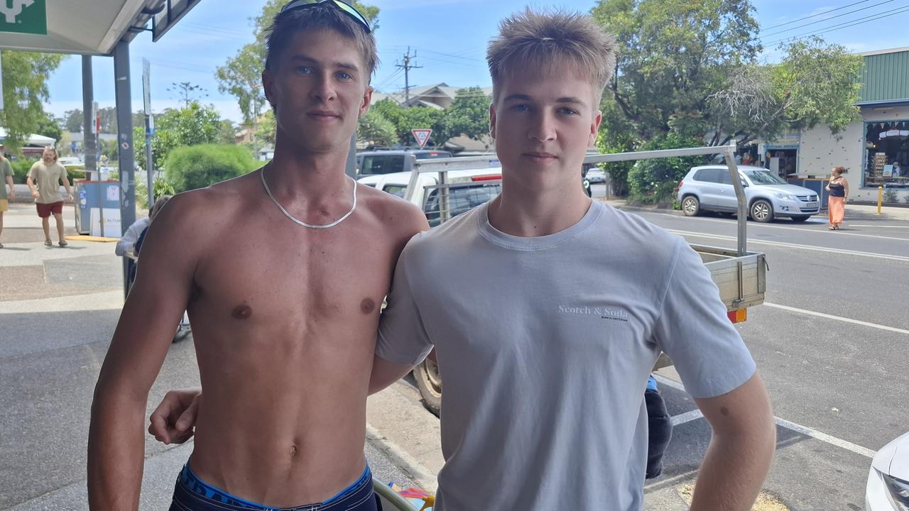 James Hillemacher, 18, and Mikey Beaton-Wells, 18, at Byron Bay Schoolies celebrations on November 28, 2024. Picture: Sam Stolz.