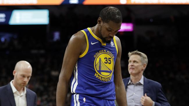Golden State Warriors forward Kevin Durant walks off the court.