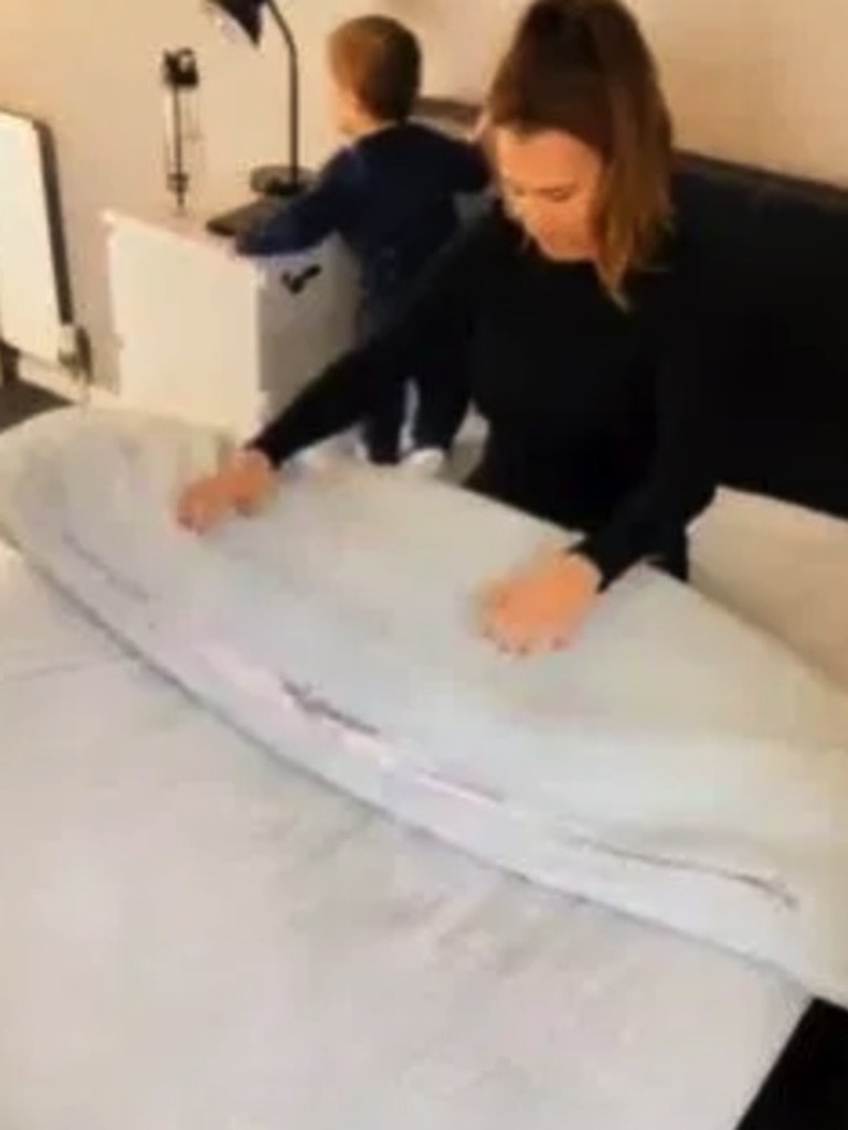 Sophie Liard managed to change the bedding with her toddler climbing all over the bed. Picture: TikTok