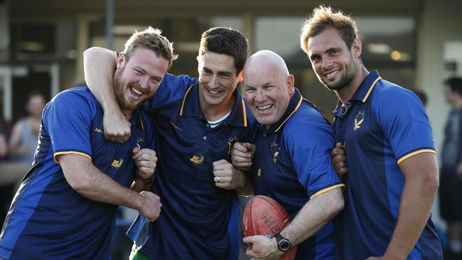 Gaza coach Andrew Jarman with players Matt Downie, Chris Radetti and Brett Heintze in 2015. The Eagles have made a slow start in division two this season. Picture: Dean Martin.