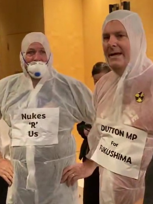 Protesters entered the NSW Liberal Party conference lobby in Sydney on Saturday pretending to be the Opposition Leader. Photo: Facebook.