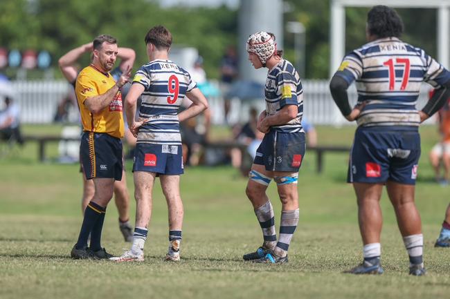 Brothers captain Zach Lewis speaks to the referee. Colts Rugby Union, Norths V Brothers Rugby Union, played at Norths. Saturday April 26, 2025