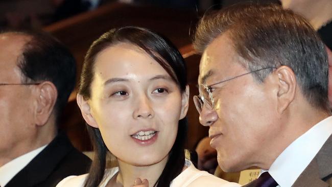 Kim Yo-jong talks to South Koran President Moon Jae-in during a visit to Seoul in February 2018. Picture: AP