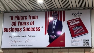 Cocoon SDA Care's corporate strategist and ex-bankrupt Zaffar Khan promotes himself as an expert in business on a billboard at Lahore Airport, Pakistan. Picture: Supplied