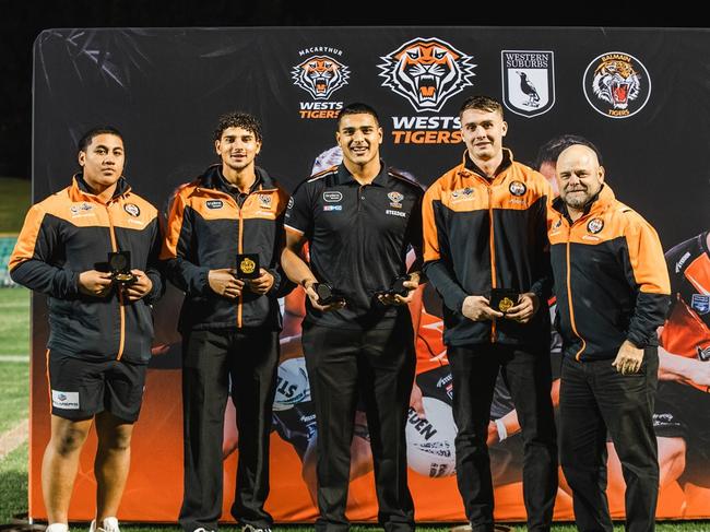 Balmain Tigers SG Ball Cup award winners (from left) Brenden Naicori, Elijah Mataale, Lipina Ata, Will Malloy and Gaven Sheehan (coach). Picture: Contributed