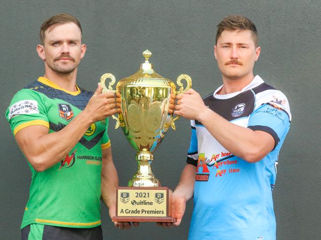 Palmerston’s Alex Johnson and Sharks’ Jacob Collie ahead of the NRL NT A-grade Grand Final for 2021. Picture Glenn Campbell