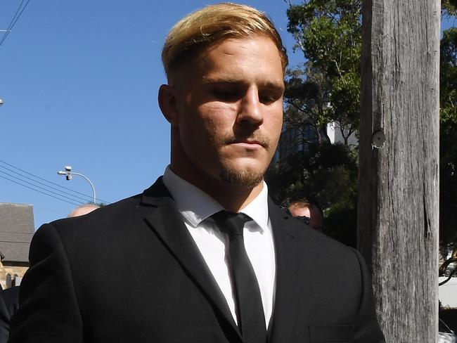 St. George Illawarra Dragons player Jack de Belin leaves Wollongong Local Court in Wollongong, Tuesday, February 12, 2019. (AAP Image/Dean Lewins) NO ARCHIVING