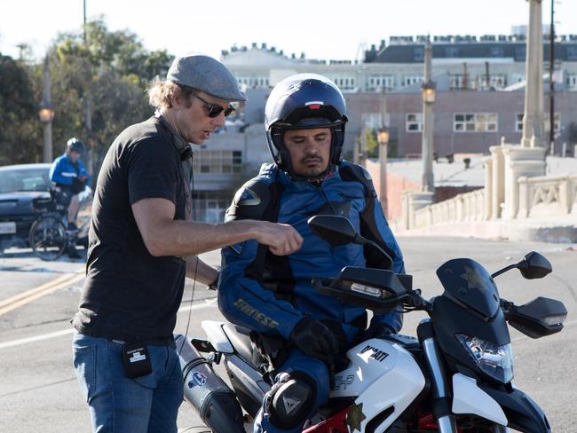 Shepard — who wrote, directed and stars in CHIPS — directing Pena on the Los Angeles set of the movie. Picture: Warner Bros