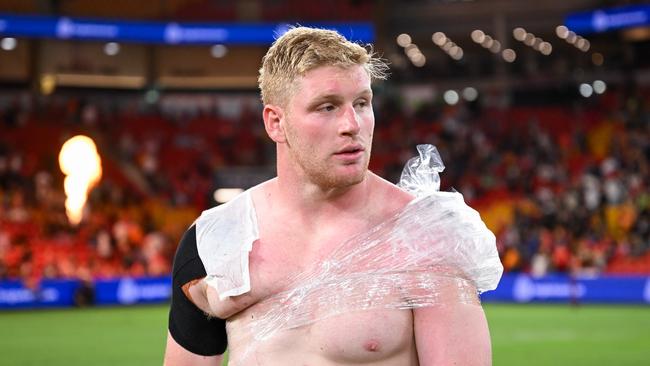 Prop Thomas Flegler ices his injured shoulder after the Dolphins v Tigers clash at Suncorp Stadium. Picture: NRL Images