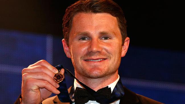 MELBOURNE, AUSTRALIA - SEPTEMBER 26: Patrick Dangerfield of the Cats holds the 2016 Brownlow Medal during the 2016 Brownlow Medal Count at the Crown Palladium on September 26, 2016 in Melbourne, Australia. (Photo by Adam Trafford/AFL Media/Getty Images)