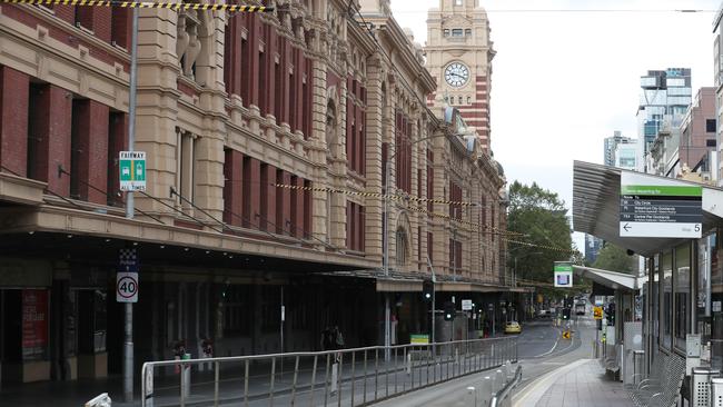 The usually packed Flinders St Station looking like a ghost town with Melbourne still in lockdown. Picture: David Crosling / NCA NewsWire