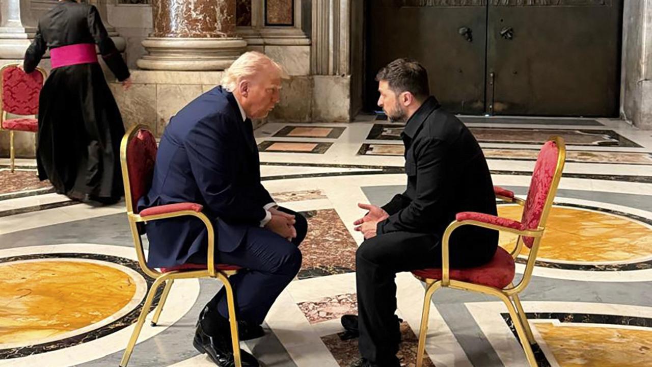 President Volodymyr Zelenskyy, right, and President Donald Trump, talk as they attend the funeral of Pope Francis in Vatican City, April 26, 2025.(Ukrainian Presidential Press Office via AP, File)