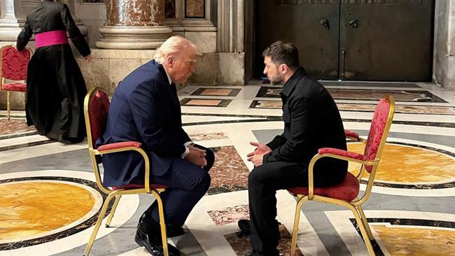 President Volodymyr Zelenskyy, right, and President Donald Trump, talk as they attend the funeral of Pope Francis in Vatican City, April 26, 2025.(Ukrainian Presidential Press Office via AP, File)