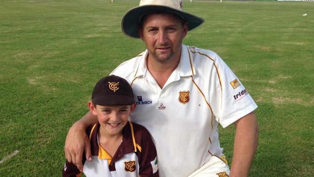 Heath and son Hamish after playing an A-Grade game together for Yahl in 2017. Hamish has since become a young gun cricketer at Prince Alfred College. Picture: Supplied