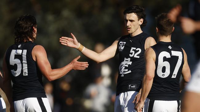 MELBOURNE, AUSTRALIA - JULY 29: Liam McMahon of the Blues (C) celebrates kicking a goal during the round 19 VFL match between Collingwood Magpies and Carlton Blues at Victoria Park on July 29, 2023 in Melbourne, Australia. (Photo by Daniel Pockett/AFL Photos/via Getty Images)