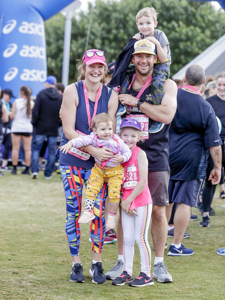 The PincottÕs - Beatrix, 11, Clancy, 3, Matilda, 6, Dad Jack, 35, and Mum Kaitlin, 36 at the finish the Gold Coast Airport Fun Run. Picture: Tim Marsden.