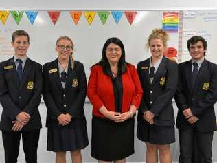 BIG BUDGET: Minister for Education and Industrial Relations, Grace Grace meeting Bundaberg State High School Captains, Alex Buckholz, Tayla Venz, Paris Bell and Dustin Budda-Deen. Picture: Rhylea Millar