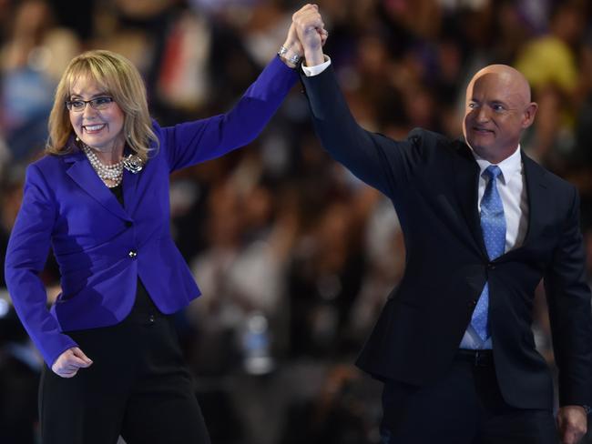 Gabby Giffords (left) and her husband and former astronaut Mark Kelly. Picture: AFP/Nicholas Kamm