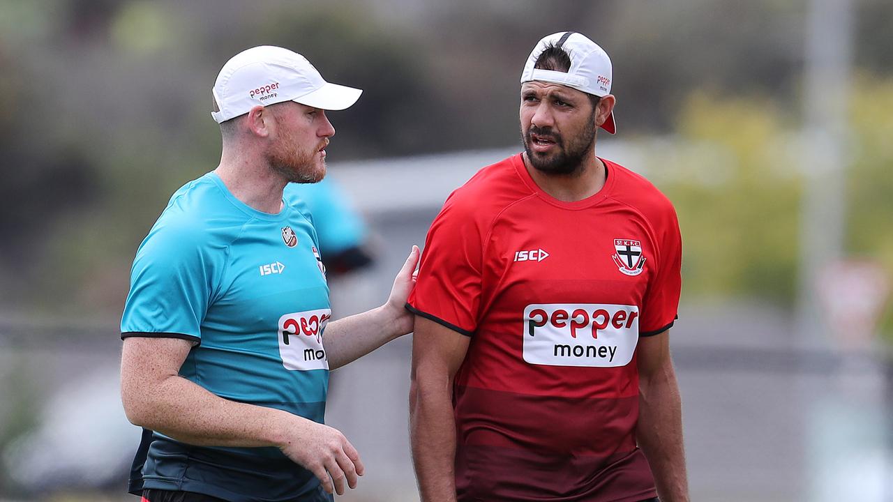 Jarryd Roughead talks with Paddy Ryder at St Kilda training in December. Picture: Michael Klein