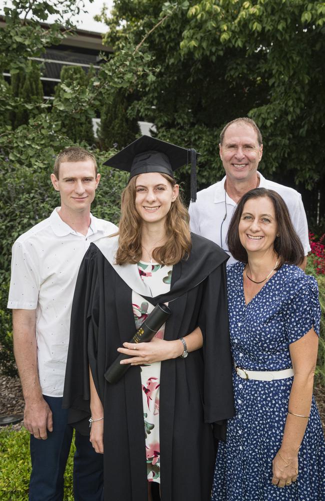 Bachelor of Business graduate Yvette Bezuidenhout with family (from left) Rykent, Fred and Rialette Bezuidenhout at a UniSQ graduation ceremony at Empire Theatres, Tuesday, February 13, 2024. Picture: Kevin Farmer