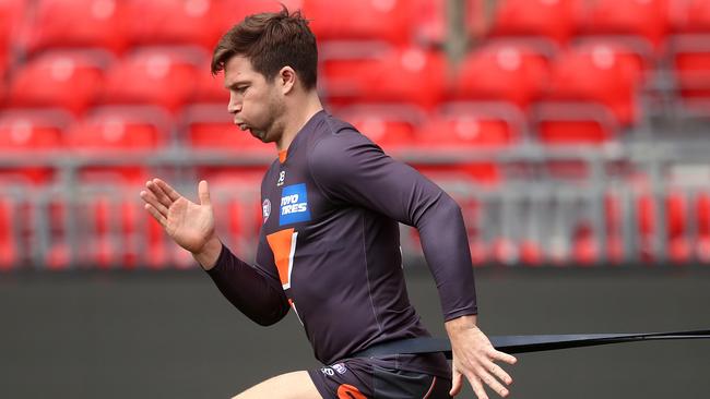 Toby Greene at Giants training ahead of the clash with the Swans. Picture: Phil Hillyard