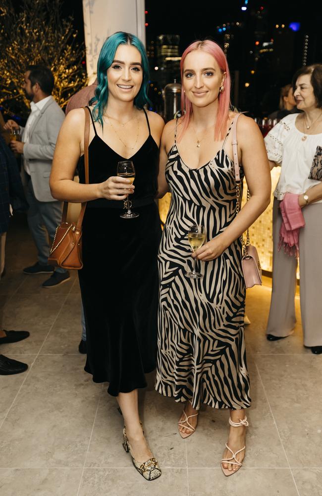 <p>Amy and Emma Sheppard at the launch party for Fortitude Valley’s Iris Rooftop Bar &amp; Restaurant on top of Hotel X. Pictures: Markus Ravik</p>