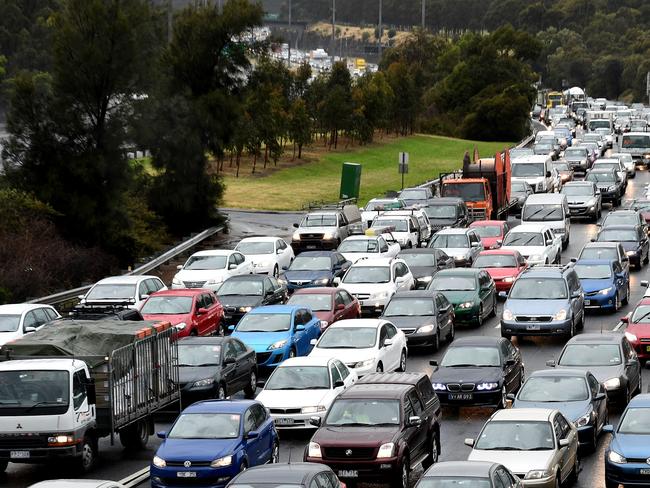 Traffic gridlock on the Eastern freeway. Comuter delays after wild weather lashes Melbourne. Picture: Nicole Garmston