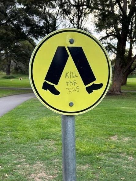 "Kill the Jews" sprayed on a sign in Centenial Park. Picture: Supplied