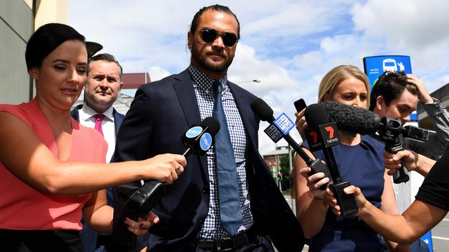 Karmichael Hunt leaves the Magistrates Court in Brisbane.