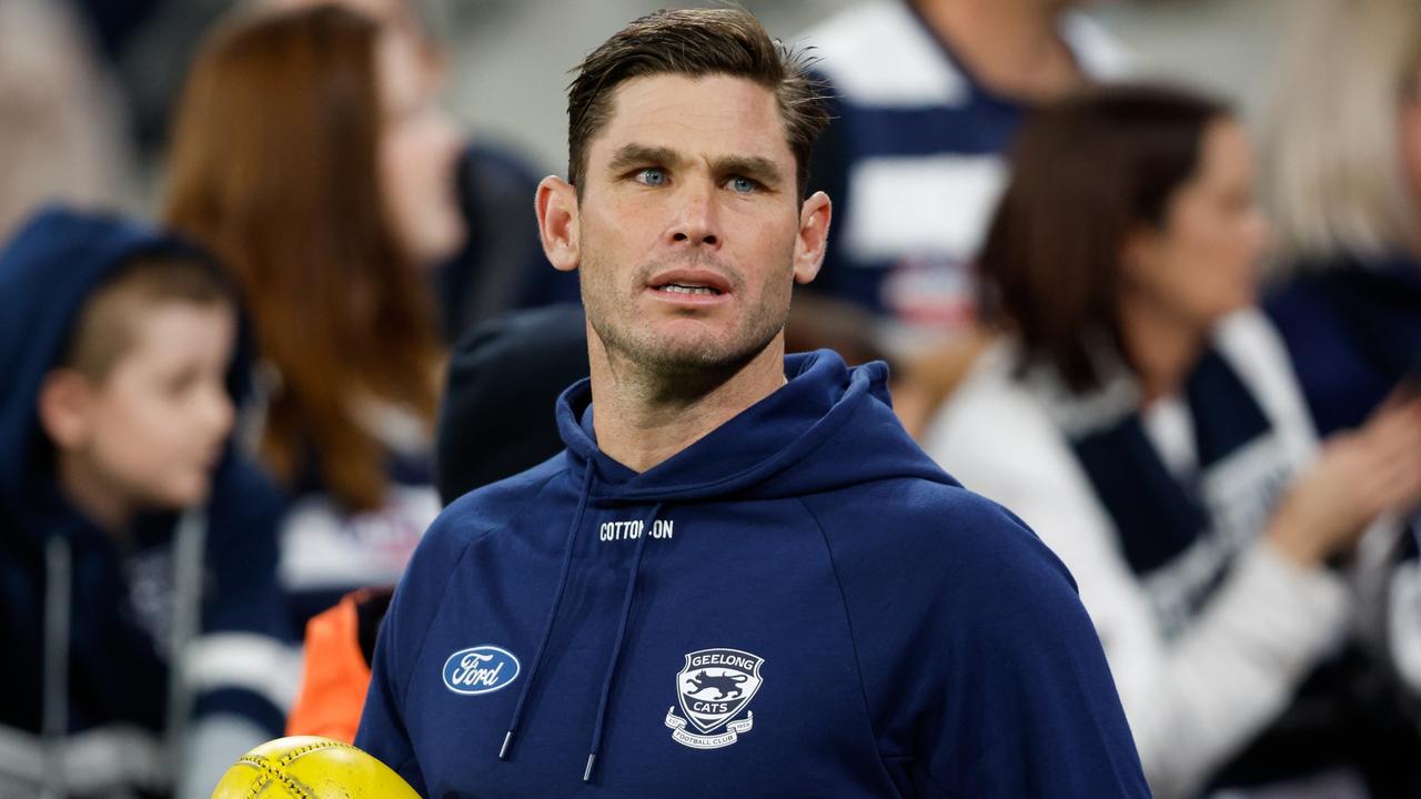 Tom Hawkins will draw equal with Joel Selwood as Geelong’s games record holder this weekend with 355. Picture: Dylan Burns / Getty Images