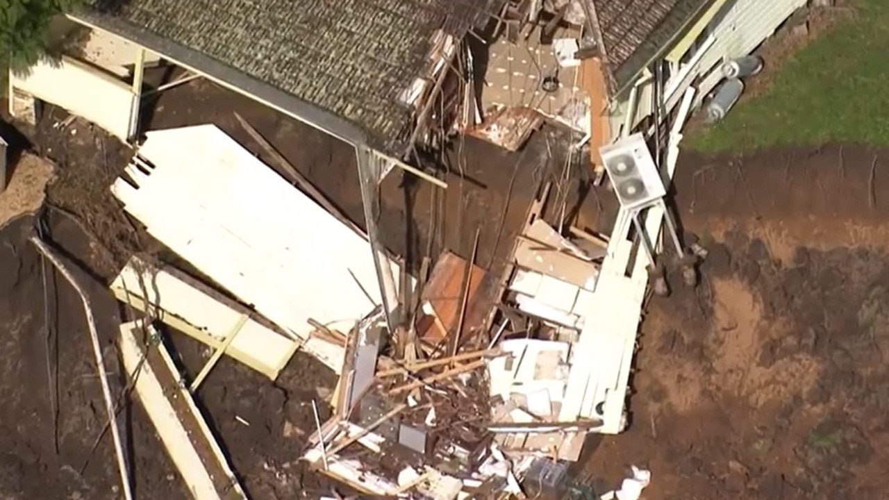 The back of the Archerfield Farm cottage has completely been destroyed by the sinkhole. Picture: 9News