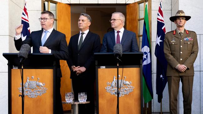 Prime Minister Anthony Albanese (2nd R), Minister for Defence Richard Marles (2nd L) and Minister for Defence Industry Pat Conroy (L), along with the Chief of the Defence Force, General Angus Campbell (R), attending a press conference at Parliament House in Canberra.